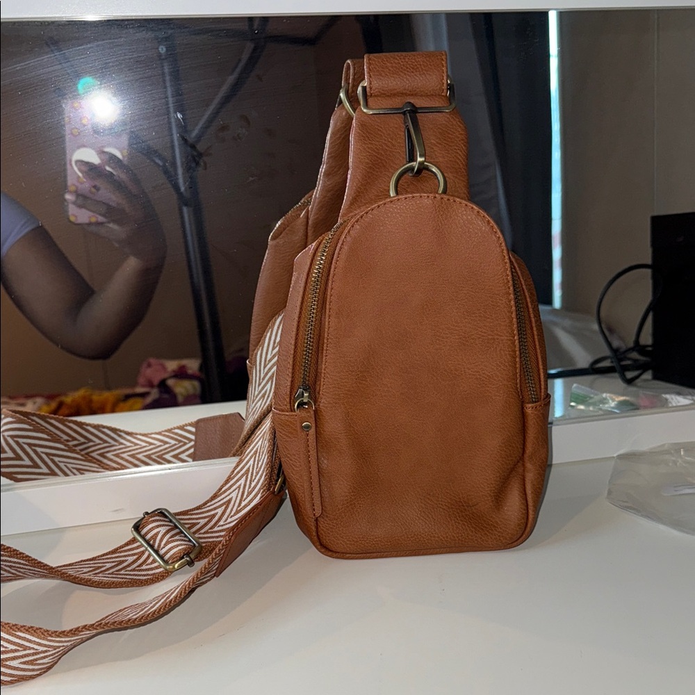 Anthropologie Tan Backpack With Patterned Strap - image 2